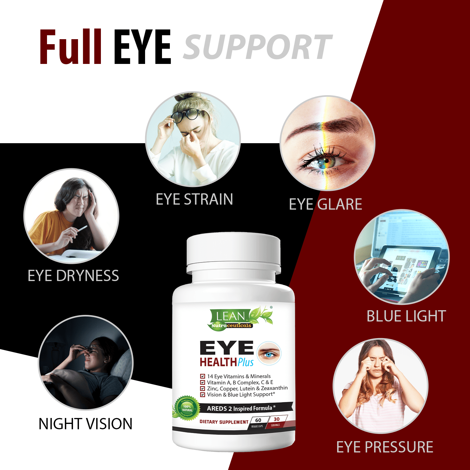 LEAN Nutraceuticals Eye Health Plus with Vitamins A B C E, Lutein, Zeaxanthin, Zinc, Bilberry - 60 Capsules