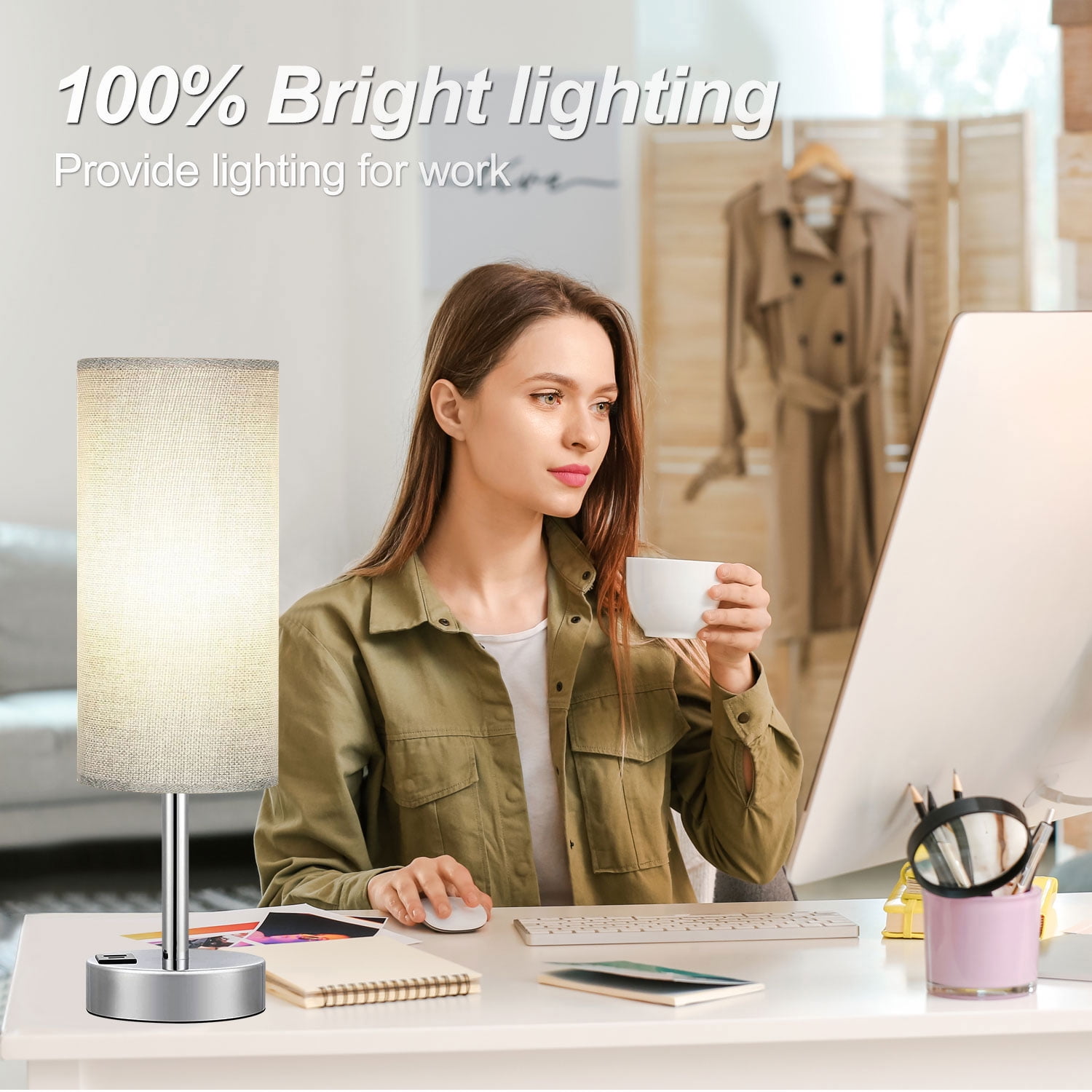 HadinEEon Table Lamp, 3 Way Dimmable Light Touch Lamp, USB C&A Fast Charging Ports, Fabric Shade Silver Base Lamp, for Bedroom, Living Room, Office, Dorm