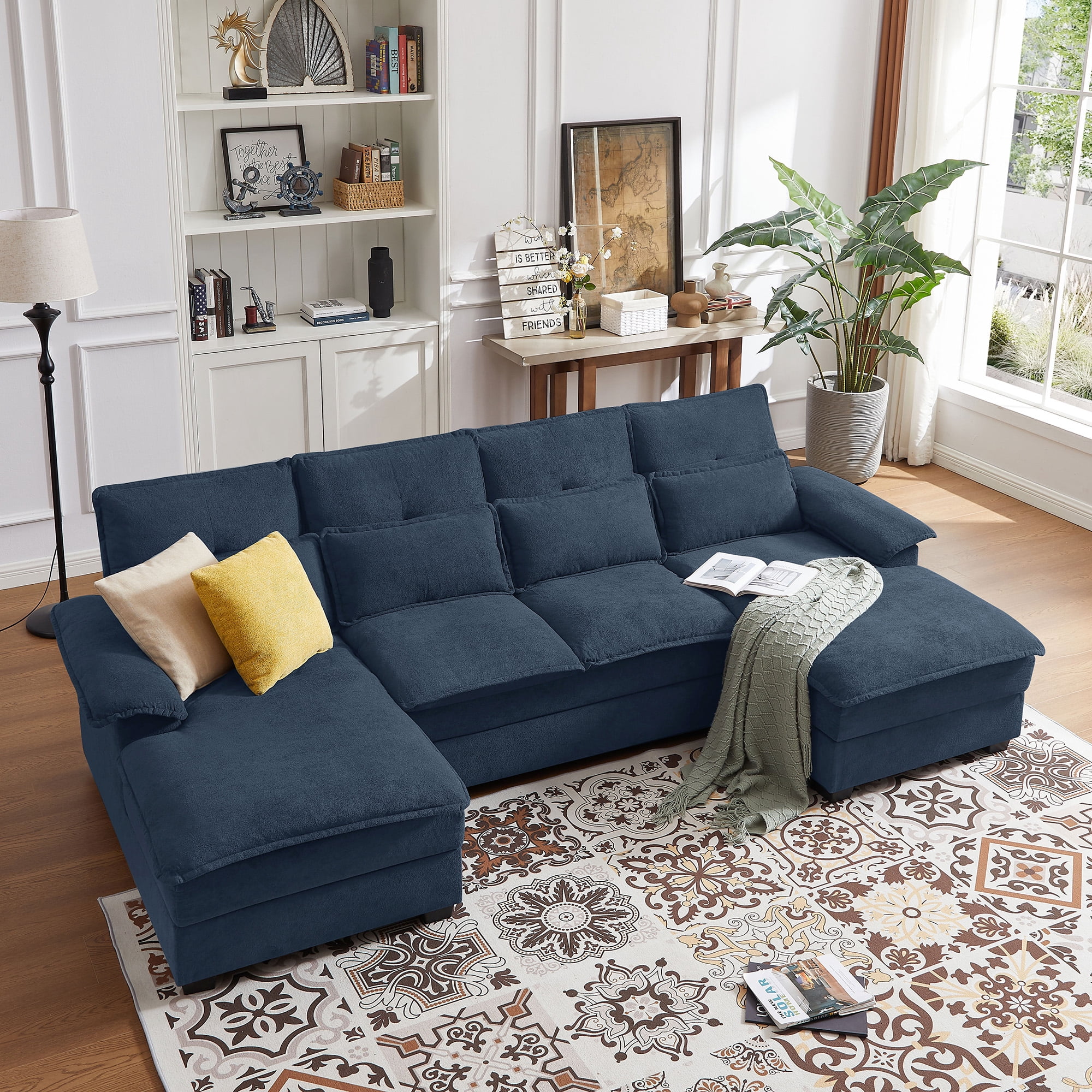 Soscana Sectional Sofa 4 Seat U Shaped Couch with Double Chaise, Modern Linen Sofa with Backrest Pillows for Living Room Apartment Office Studio,Dark Blue