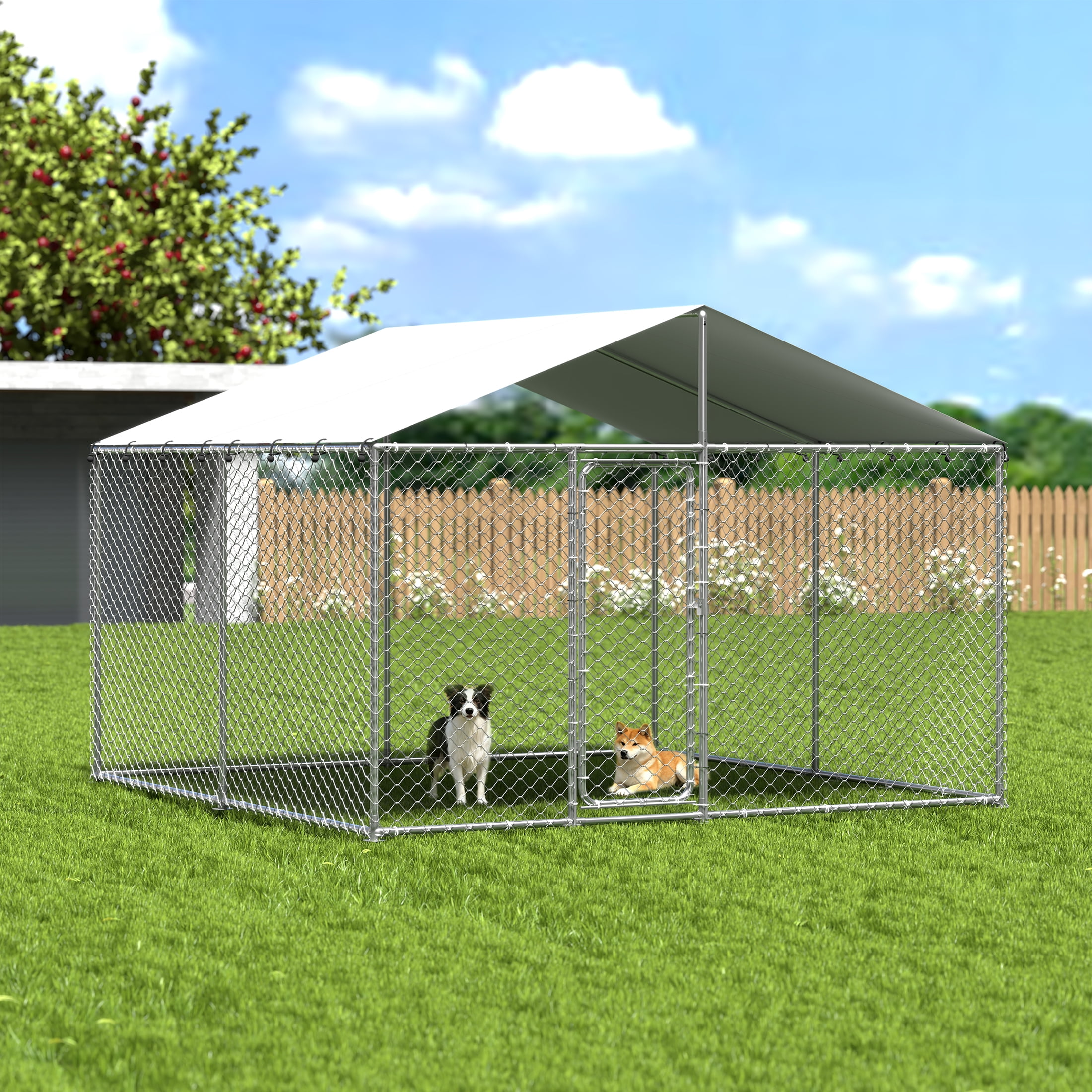 YOKWOK 10x10ft Outdoor Dog Kennel Heavy Duty Metal Dog Pet Enclosure, with Galvanized Steel Fence and Metal Gate, UV Waterproof Sun Resistant Roof Cover and Secure Lock