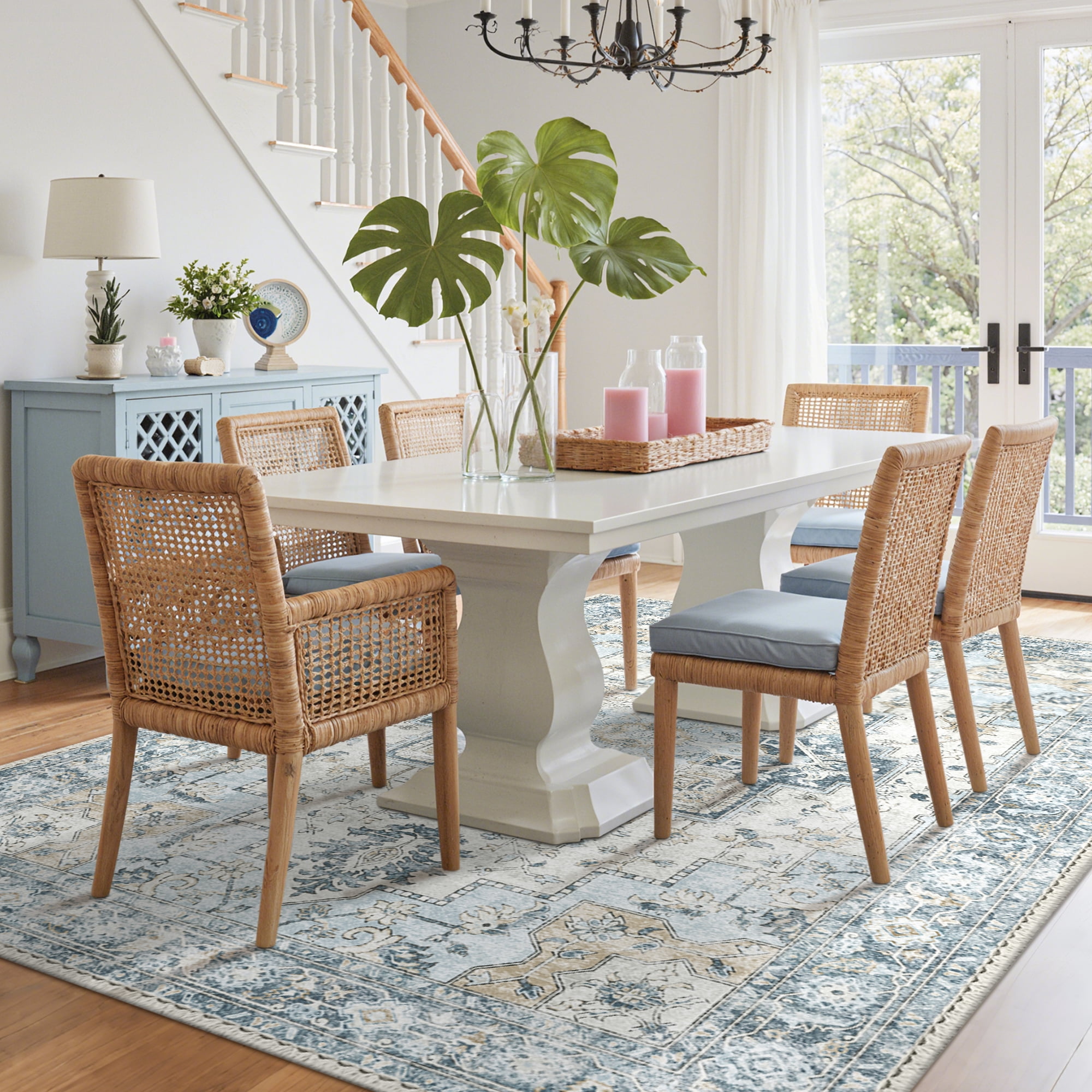 KUETH Modern 8x10 Area Rugs for Living Room, Non Slip Machine Washable Retro Rugs, Low Pile Chenille Print Rug for Bedroom, Dining Room, Home Office, Blue