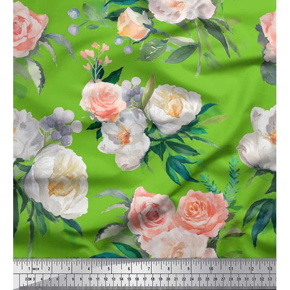 Soimoi Green Cotton Duck Fabric Begonia & Peony Floral Printed Fabric 1 Yard 56 Inch Wide