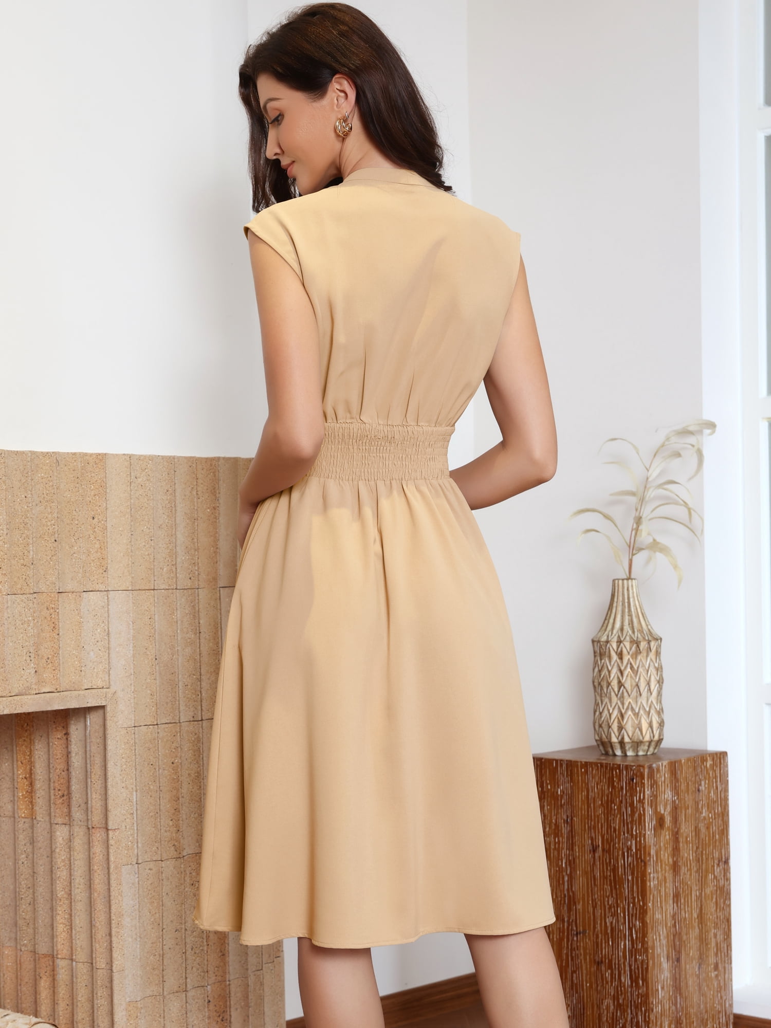 DARING DIVA Women's V Neck Smocked Waist Zipper Sleeveless Midi Dress S Khaki