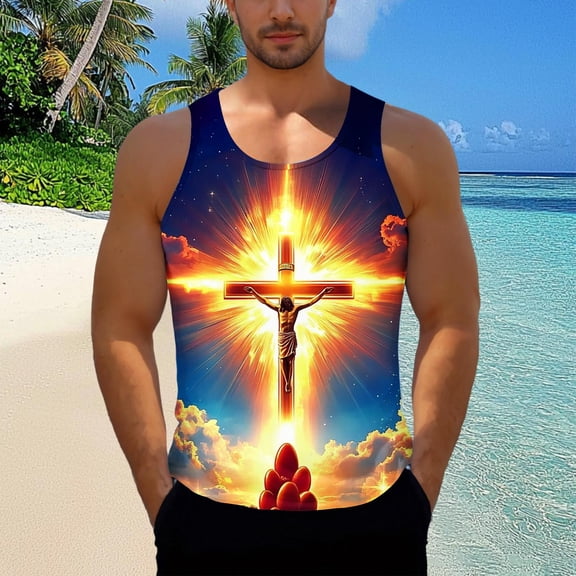 Gamivast Gym Shirts Wooden Cross Holy Light Graphic Mens Sleeveless Shirts Crew Neck Workout Shirts Breathable Soft Stretchy Christian Daily Training