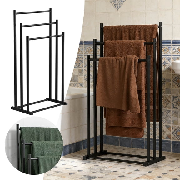 Standing Towel Rack, 3-Tier Metal Towel Rail, Freestanding Towel Holder, Black for Bathroom, Clothes Airer & Bathroom Accessories, Modern & Stable