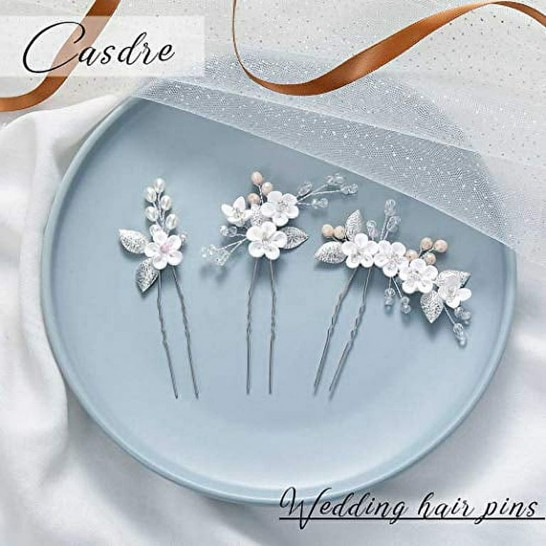 Casdre Flower Bridal Hair Pins Pearl Bride Wedding Hair Accessories Rhinestone Hair Piece for Women and Girls(Pack of 3) (A Silver)