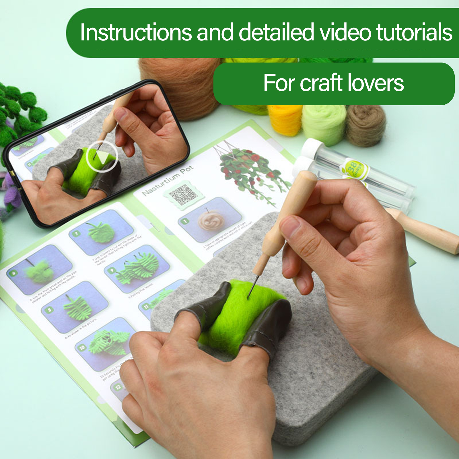 Needle Felting Supplies Hanging Potted Plant Wool Felted Set with Felting Needle Instruction Wool Roving for Beginner