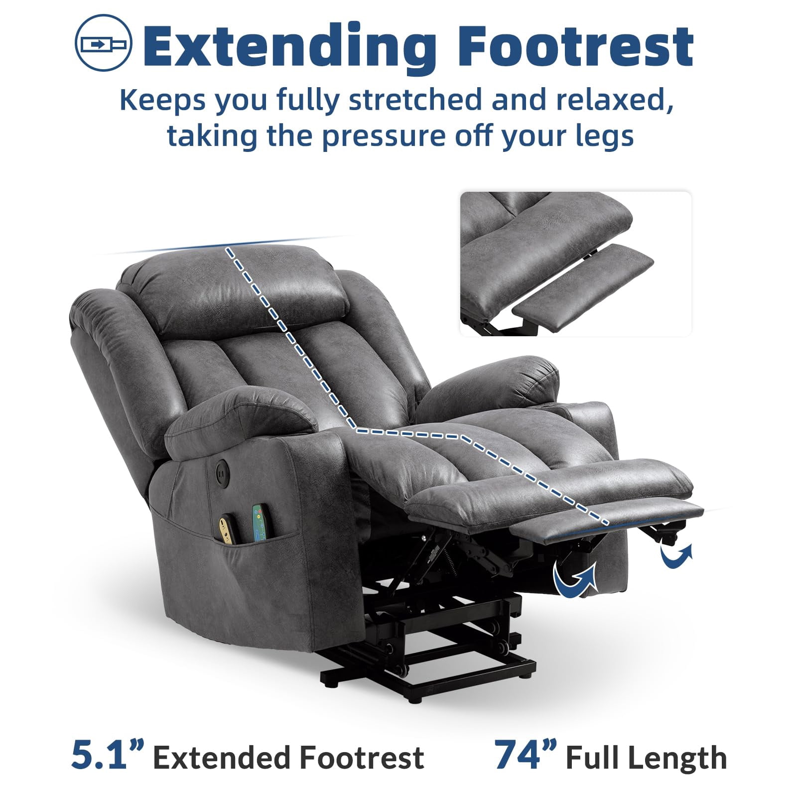 SOCIALCOMFY Large Electric Power Lift Recliner Chair with Extended Footrest for Elderly Big Man, Overstuffed Wide Massage Lounge Chairs with Heat, 2 Cup Holders, Side Pockets & USB Ports, Gray