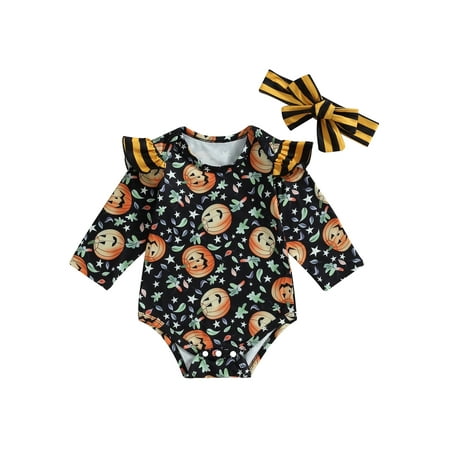 

Qtinghua Newborn Baby Girls Halloween Outfits Long Sleeve Pumpkin Print Romper Jumpsuit with Headband Clothes Black 0-6 Months