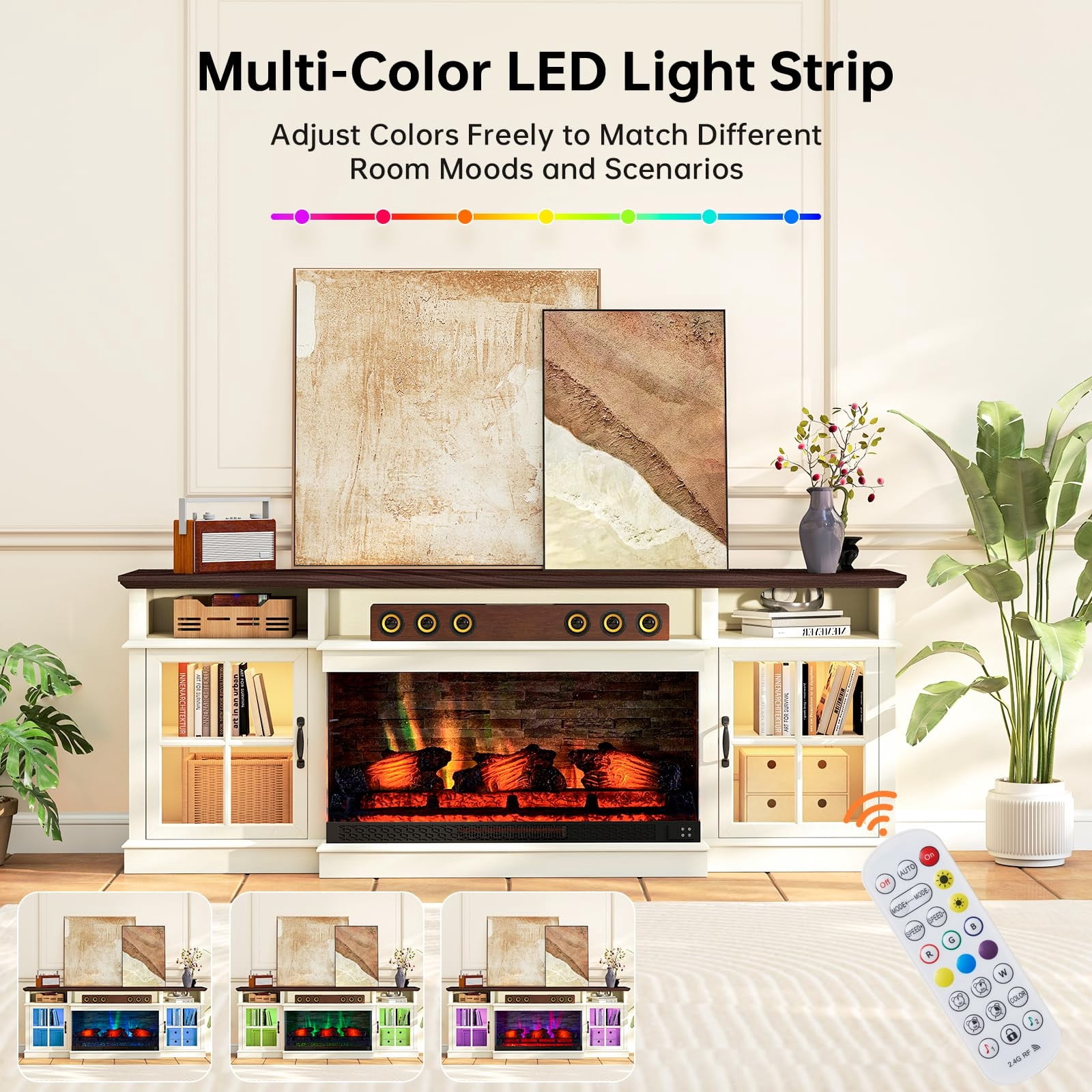 Sonegra 36 Inch Fireplace TV Stand with LED Light, Entertainment Center with 3-Sided Glass Fireplace for TVs up to 80", TV Console, White