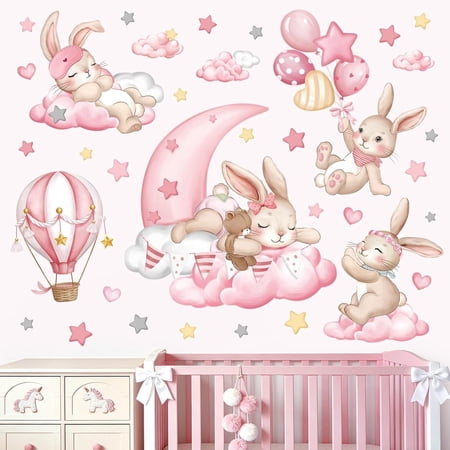 CCOCC Pink Bunny Nursery Wall Stickers Sleeping Animals Rabbit Clouds Stars Peel and Stick Wall Art Decals for Baby Nursery Kids Room Girls Bedroom Pink Bunny Sleeping Animals Wall Decals