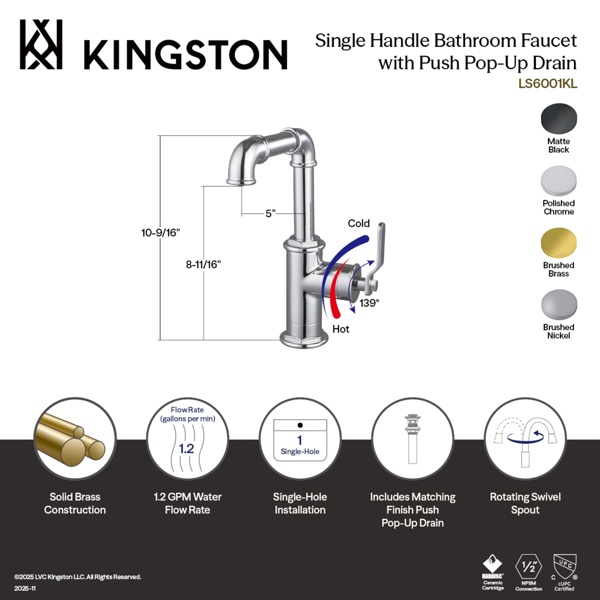 Kingston Brass LS6003KL Whitaker One-Handle Single-Hole Bathroom Faucet with Push Pop-Up Drain, Brushed Brass