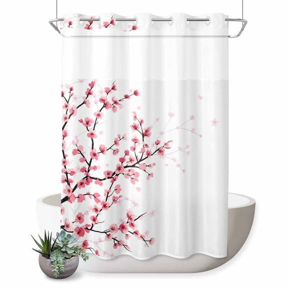 No Hook Shower Curtain, Cherry Blossom Shower Curtains for Bathroom with See Through Top Window, Spring Pink Floral Branches Watercolor Waterproof & Washable Bath Curtain Extra Long 72"x96"