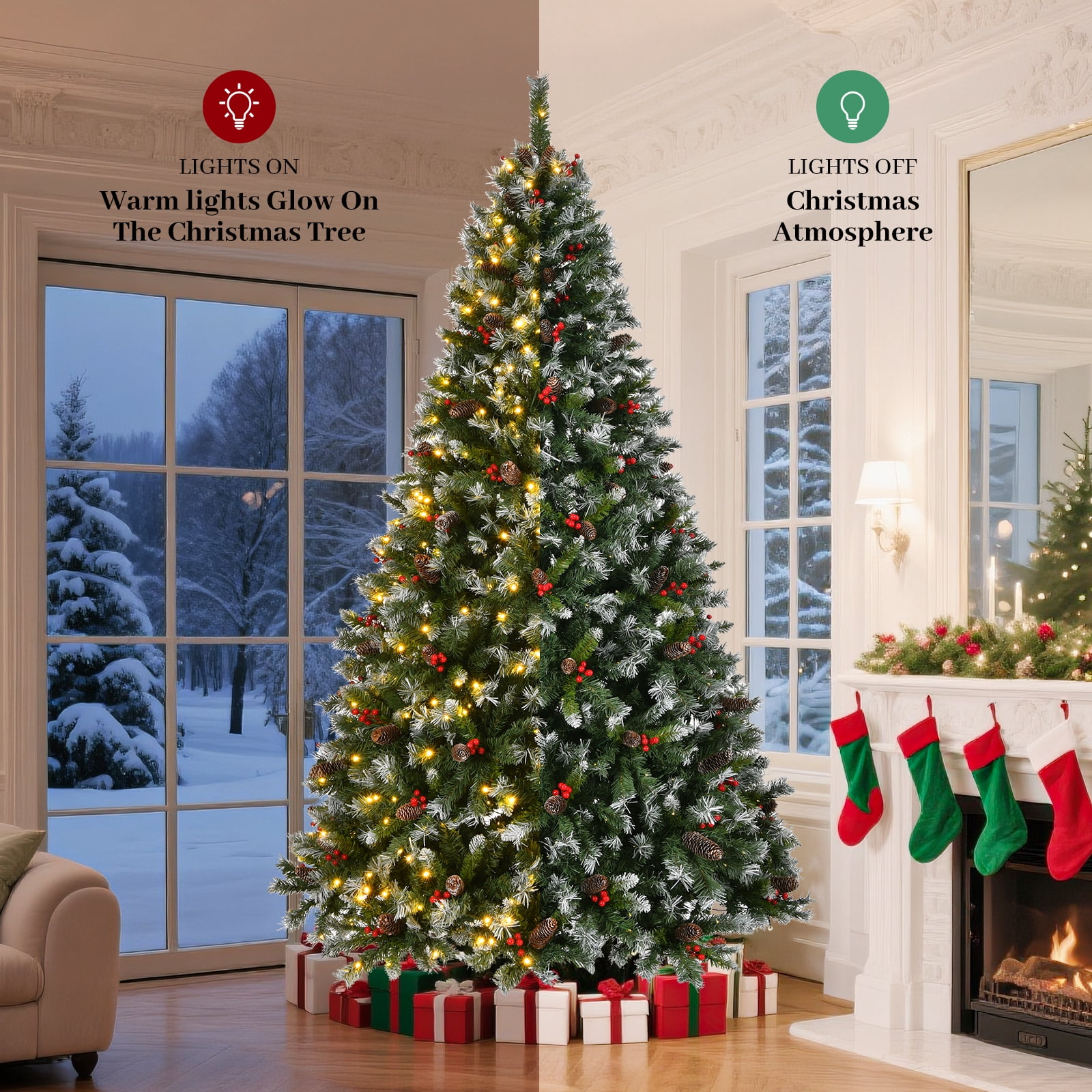 Pre-Lit Artificial Christmas Tree 7.5 ft Green PVC with Lights, Berries, Pinecones