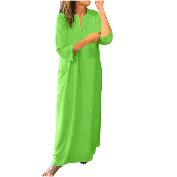 Elainilye Fashion Women Dress Casual V-Neck High Waist 3/4 Sleeve Long Dress Ankle Dress,Green