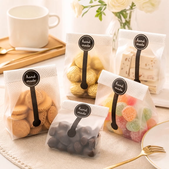 30 Cookie Bags for Packaging, Translucent Plastic Cellophane Pastry Treat Bags, Ideal for Packaging Bread, Candy, Chocolate, or Party Favors at Bakeries. Includes 30 Stickers (14cm × 23cm × 1cm)