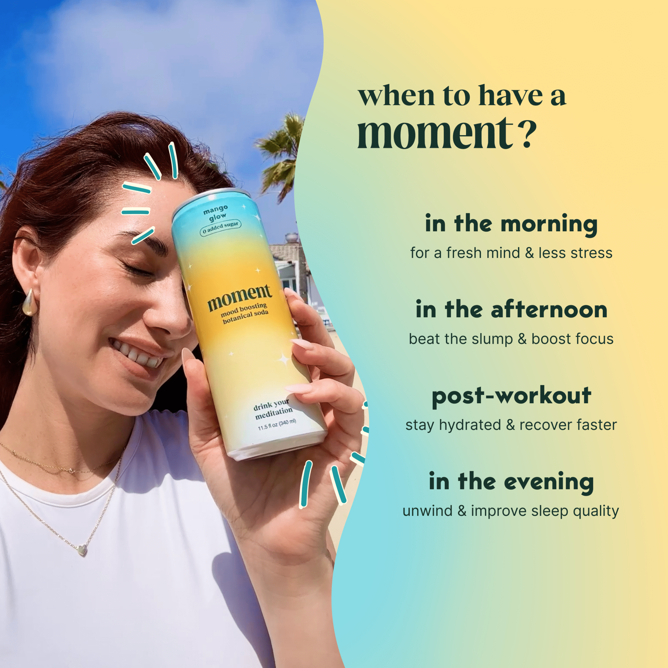 Moment Adaptogen Drink Mango Glow Sparkling Soda, 11.5 Oz, 12 Pack Cans