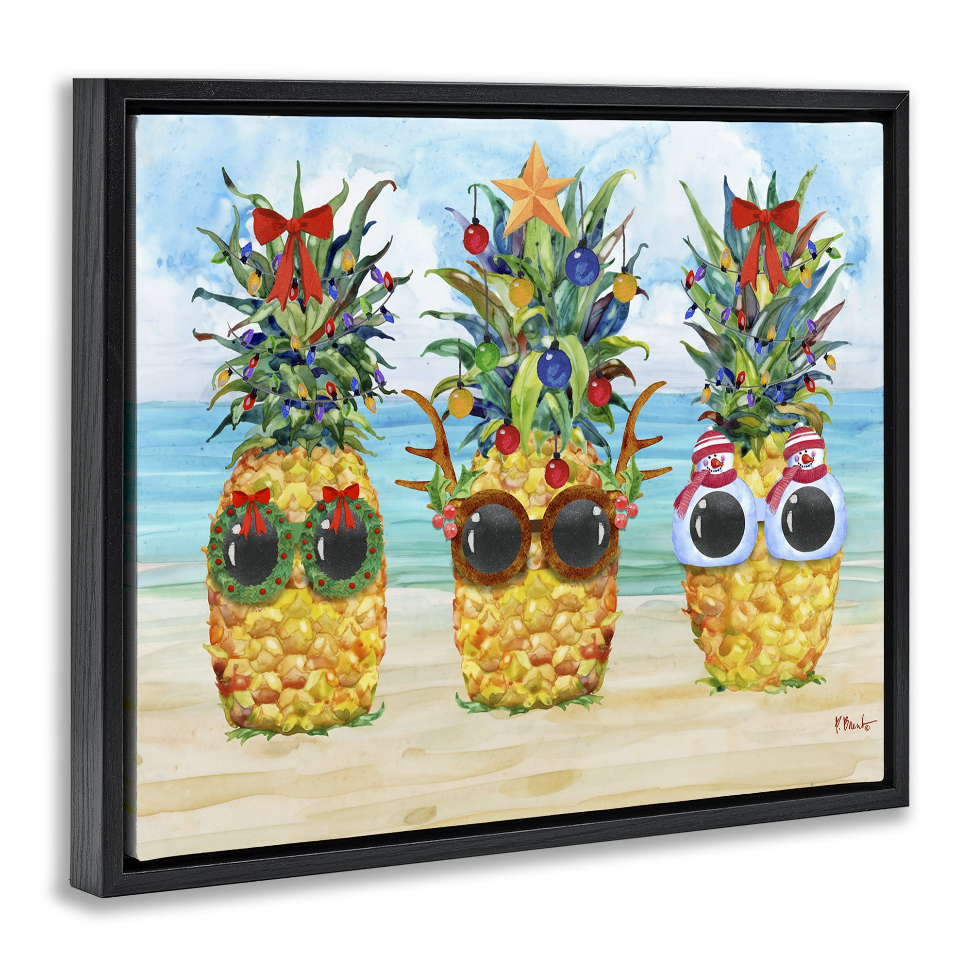 Stupell Industries Christmas Cool Pineapples Holiday Painting Black Floater Framed Art Print Wall Art, 21 x 17