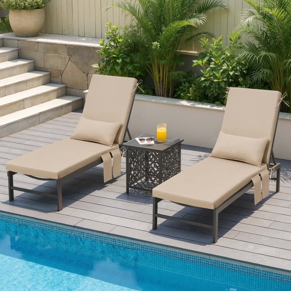Crestlive Products Outdoor Chaise Lounge Cushion Set of 2, Modern Patio Pool Chair Pads with Head Pillow & Side Storage Pockets, 72"x21", Beige