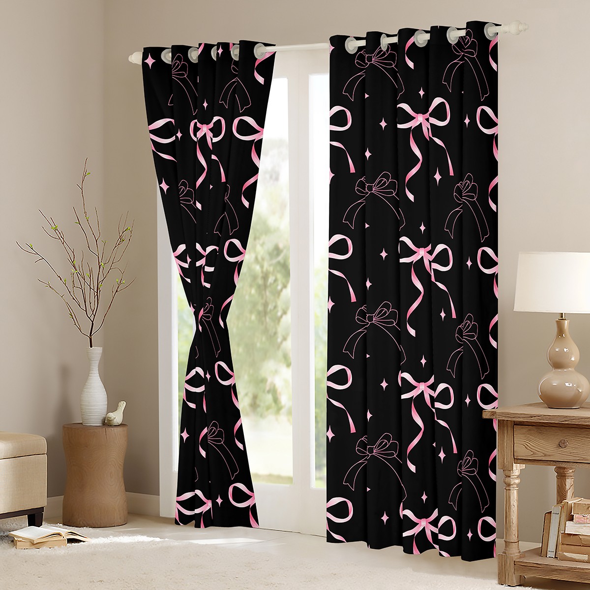 jejeloiu Kawaii Bow Stars Black Out Curtains,Girls Bow Knot Curtains Pack of 2 (42x63 Each),Pink Black Bedroom Curtains,Breathable Bedroom Decorative