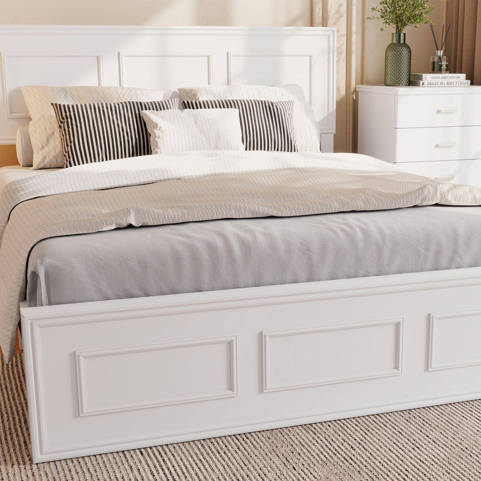 Full Size Platform Bed with Adjustable Height Headboard, Wood Strengthened Bed Frame with Under-Bed Storage Space