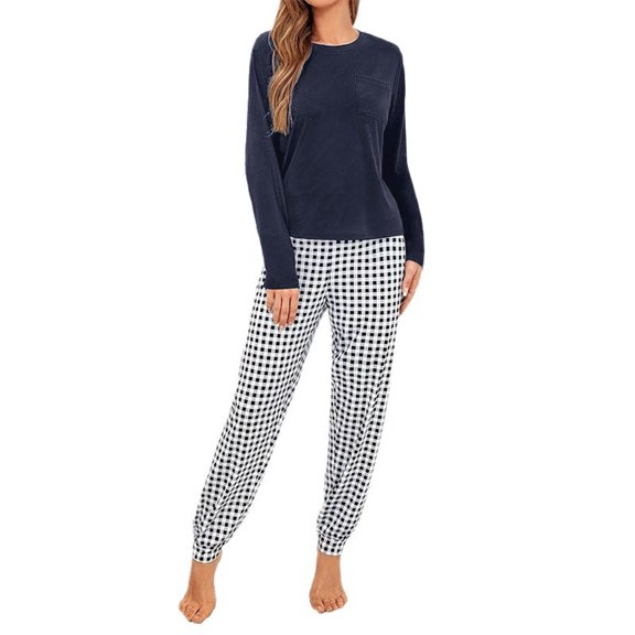 Dxzfnsa Womens 2 Pieces Outfits Womens Casual Vacation Solid Plaid Suits Crew Neck Long Sleeve Pullovers Wide Leg Pants Sets Loose Soft Sets