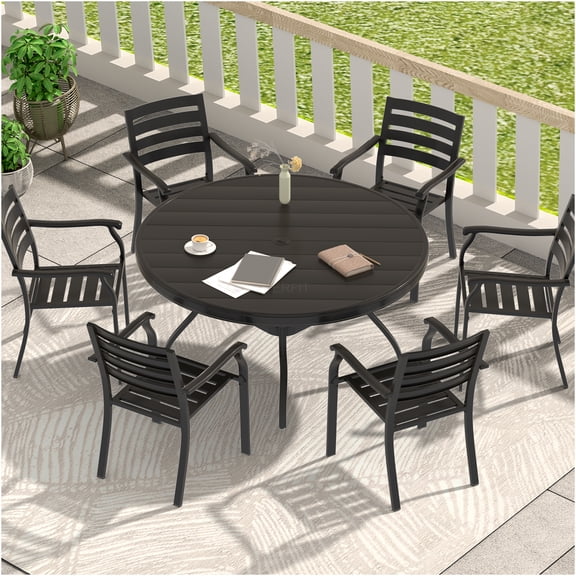JERFIT 6-Person Outdoor Patio Dining Set with 52-inch Round Table and Stackable Chairs, All-Weather Metal Garden Table Set for Backyard, Deck, Lawn