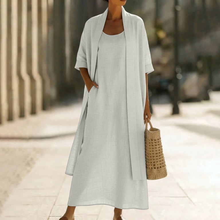 white maxi dress with cardigan White Linen Blend Maxi Dress - All Dresses