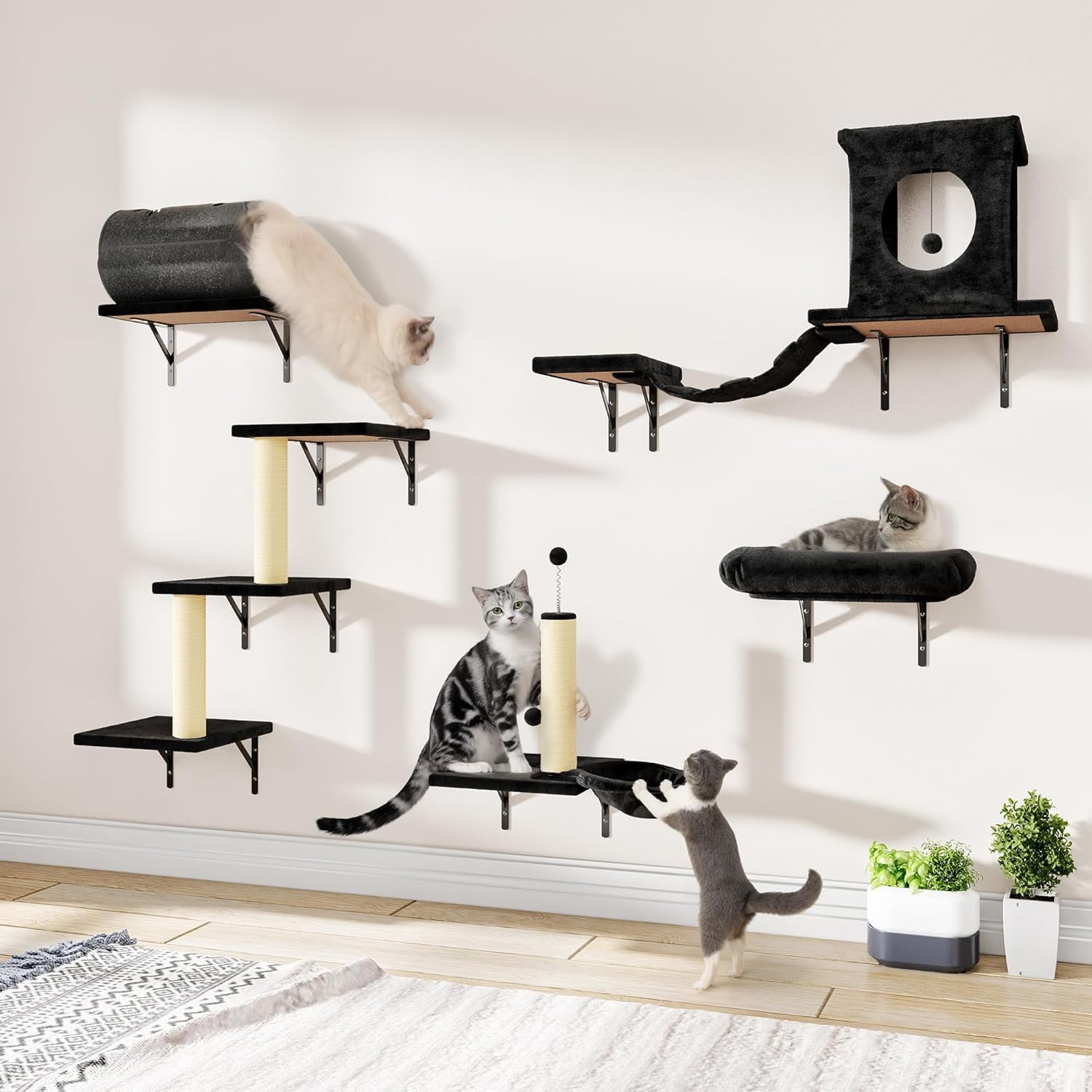 SONGMY 7-in-1 Wall Mounted Cat Climber Set, Cat Furniture Set with House, Bridge, Steps, Scratcher Post, DIY Playground, Cat Wall Shelves - Black