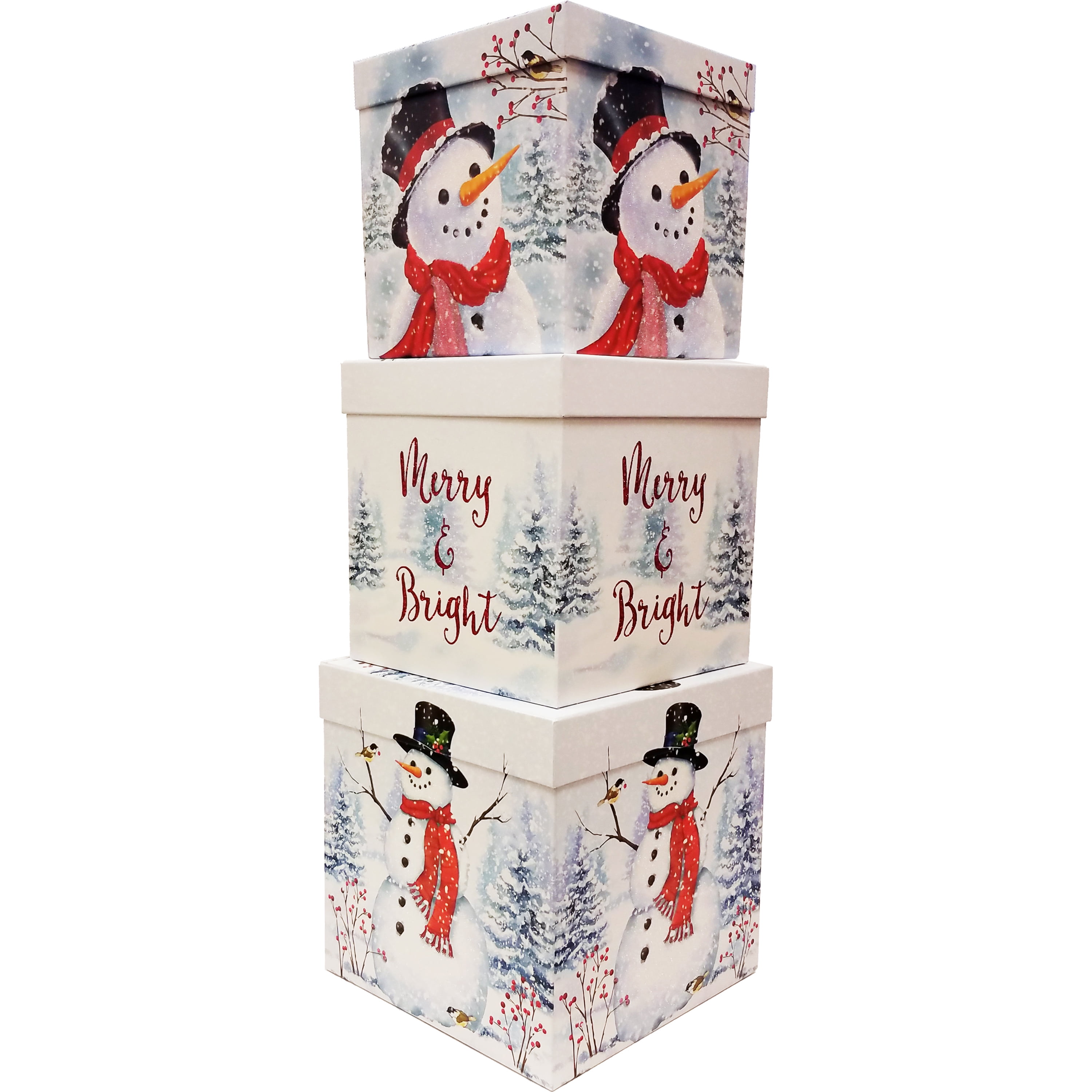 Holiday Time Square Christmas Gift Boxes, Red and White Snowman, 3 Sizes, Set of 3