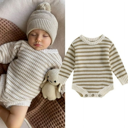 

Infant Baby Girls Autumn Winter Striped Romper Khaki Long Sleeve Knit Sweater Playsuit Jumpsuits