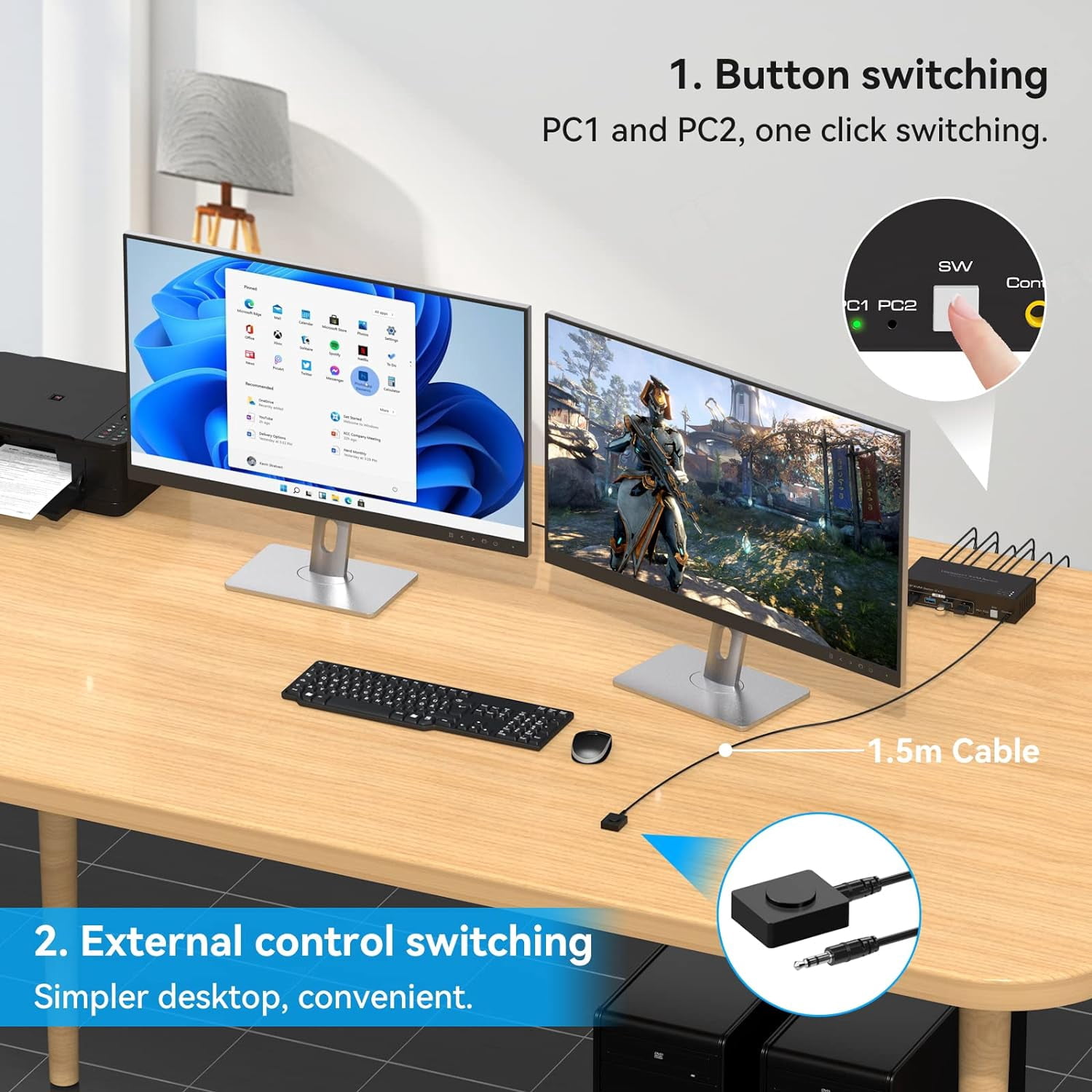 AUBEAMTO Displayport KVM Switch 2 Monitors 2 Computers 8K@60Hz 4K@120Hz Dual Monitor USB 3.0 DP KVM Switches for 4 USB3.0 Devices, Wired Extension Button,12V DC Adapter and 2 USB 3.0 Cables