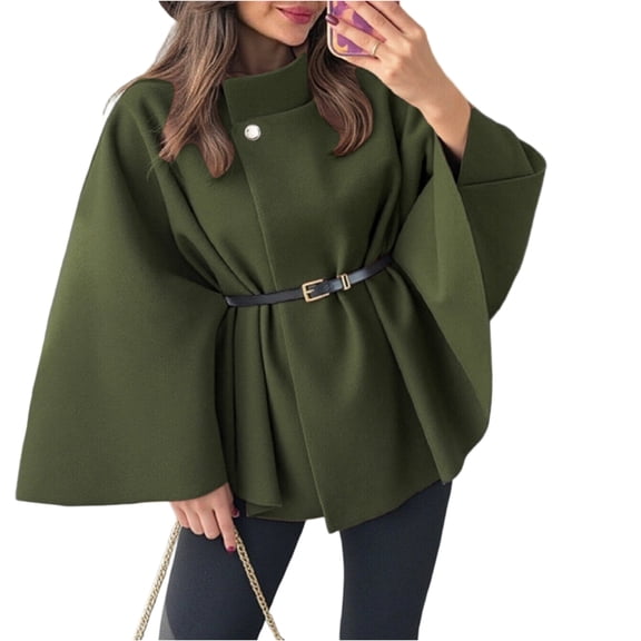 Women's Elegant Woolen Cape Coat - Solid Color Waist Tie Hooded Outerwear, Stylish Warm Winter Jacket, Army Green Size L