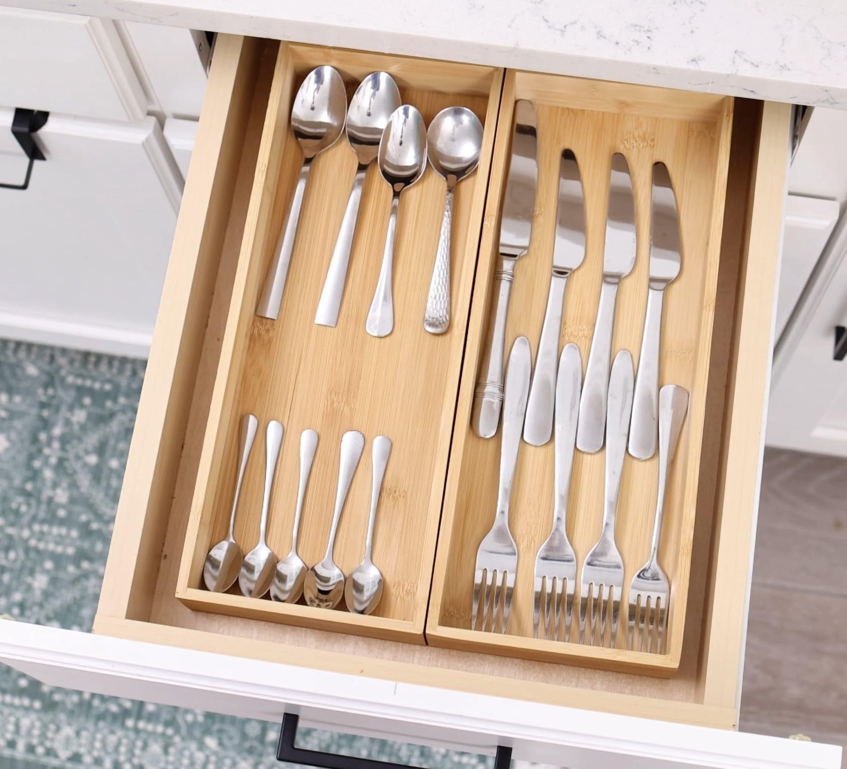 Kitchen Utensil Drawer Organizer  Silverware Cutlery Flatware Bins Wooden Container Storage Trays For Bathroom Vanity Junk 15" X 6" Set Of 2