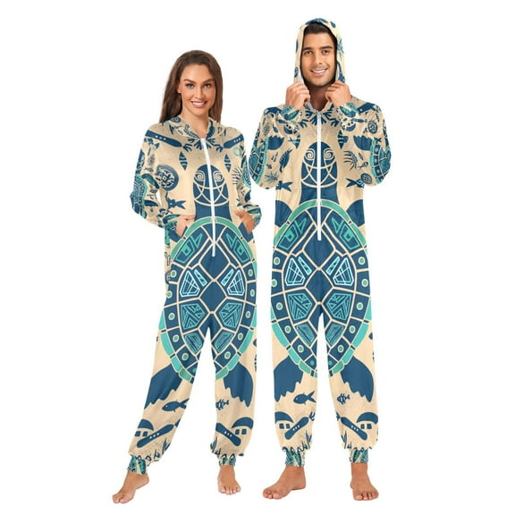 Boho Turtle Adult Onesie Pajamas Slim Fit Christmas One Piece Suit Pjs for Women and Men Hooded Zipper