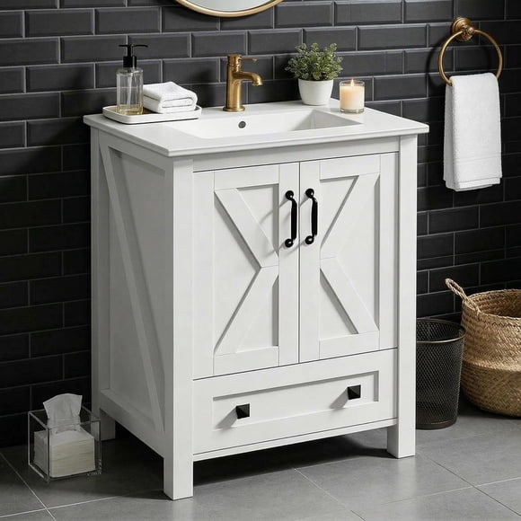 YUSAZENS 30 Inch Contemporary Bathroom Vanity with Ceramic Sink, Freestanding Vanity Cabinet with 2 Doors & Drawer, White