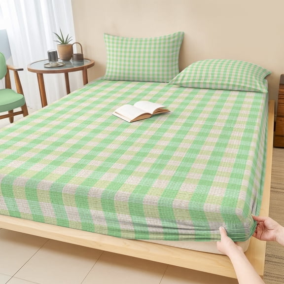 Twin XL Size Fitted Sheet Set - Sage Green 2 Piece Bedding Sets 16" Deep Pocket Fitted Sheet with 1 Pillowcases, Grid Checkered Plaid Gingham Lattice Trellis Brushed Microfiber Hotel Bed Sheets