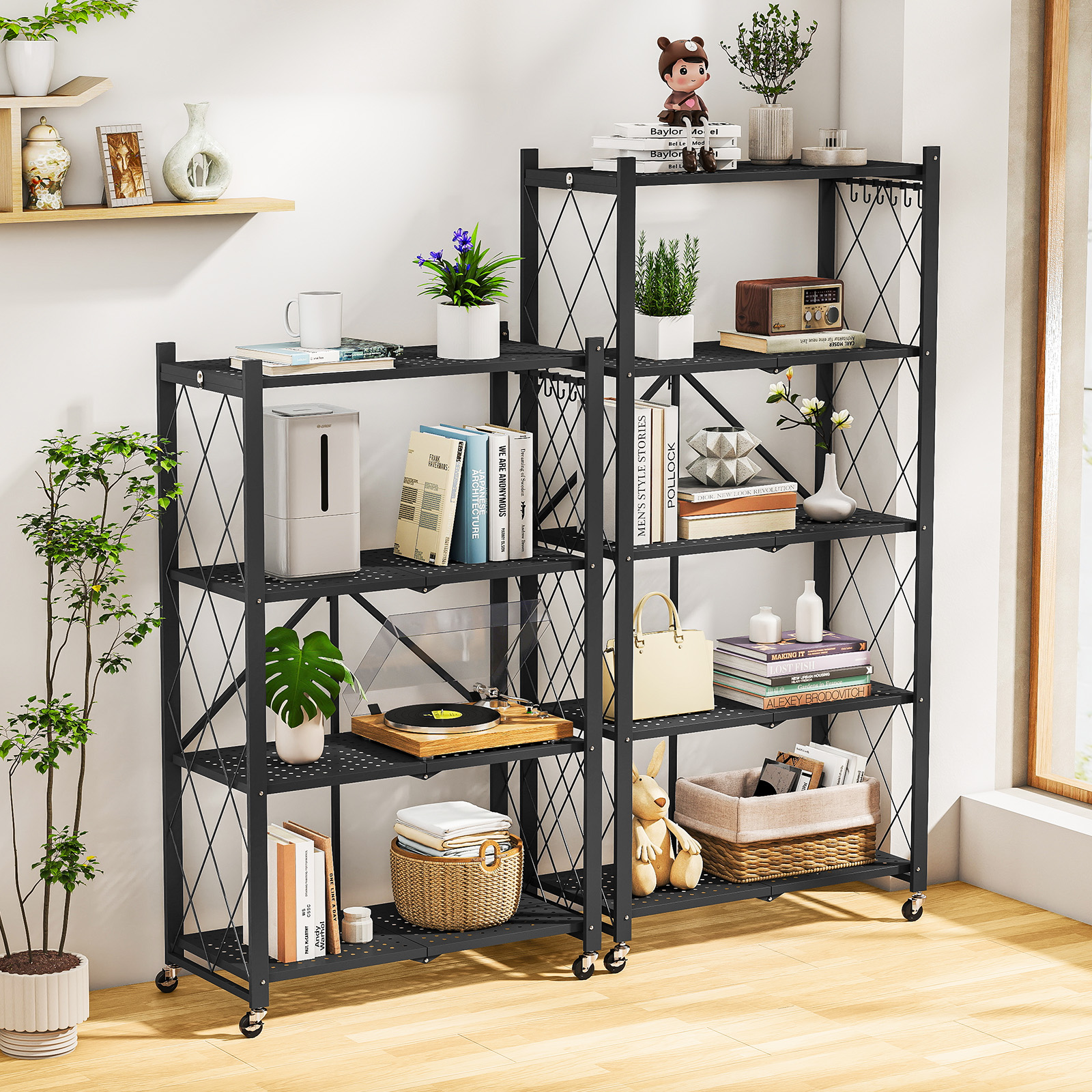 Vebreda 5-Tier Foldable Metal Storage Shelf with Wheels, No-Assembly Collapsible Shelving Unit, Heavy-Duty Rolling Organizer Rack