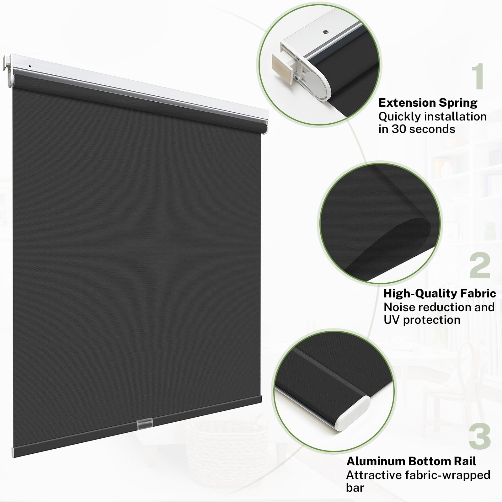 MiLin No Tools No Drill Cordless Roller Shades Roller Windows Shades Thermal Insulated Reduce Noise Privacy Window Roller Blinds for Indoor Windows (Blackout Black, 56" W X 72" H)