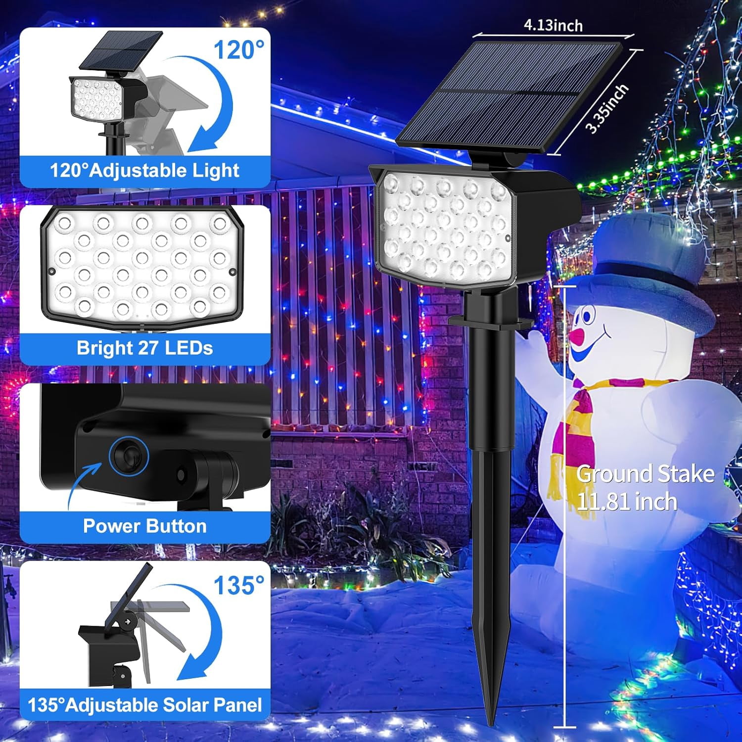 Solar Lights RGB Outdoor, 10 pack 27 LEDs, 9 Modes RGB, Waterproof Adjustable,Christmas Color Changing Landscape Solar Spotlights for Yard, Garden