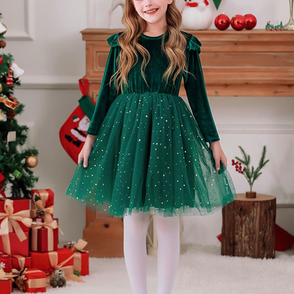 BFHHYA Girls Long Sleeve Velevet Dresses Mesh Sequin Tutu Dresses Formal Party Dress Holiday Birthday Party Princess Gown 4-21 Years