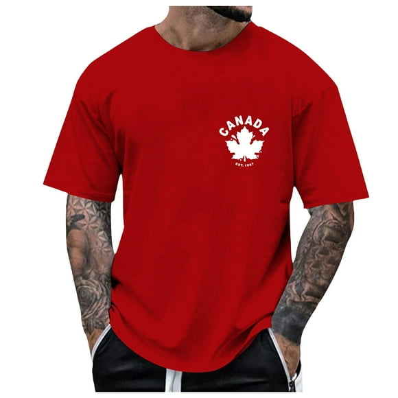 Ediodpoh Men's Summer Fashion Canada National Day Partial Printed T Shirt Mens Tops Red_002 L