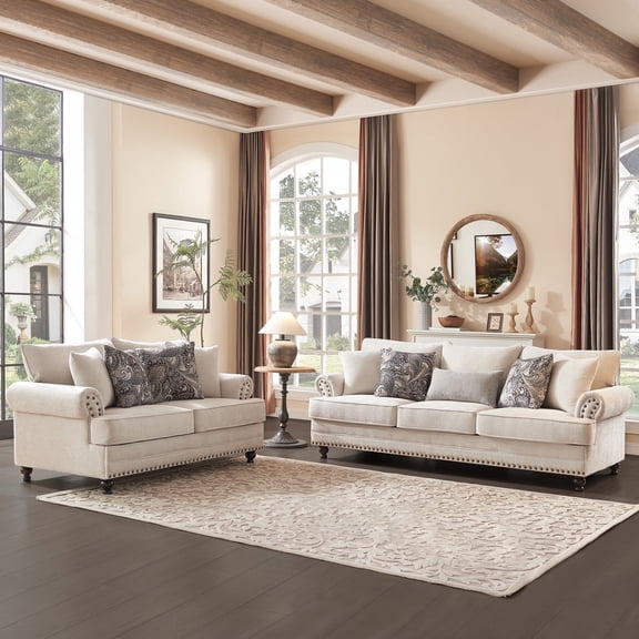 Morden Fort Modern Chenille Farmhouse Couch and Loveseat Set with Throw Pillows for Living Room, Bedroom, Apartment, Office