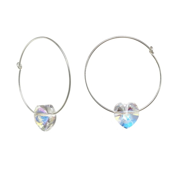 LTC Designs Sterling Silver Hoop Earrings with Aurora Borealis Crystal Hearts