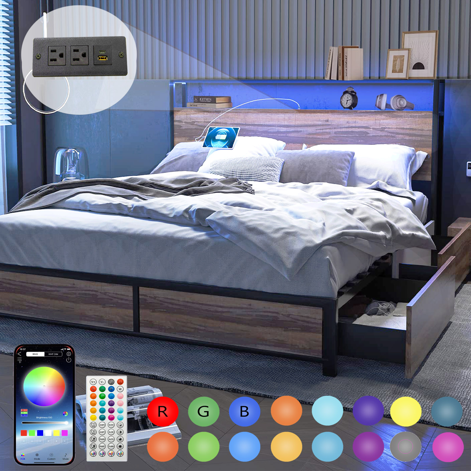 LED Bed Frame with Storage Headboard and Drawers and Power Outlet USB