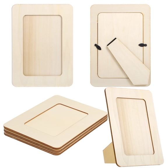6 Pcs Unfinished Wooden Craft Frames Set, 5 inch DIY Paintable Picture Frames, Light Brown Blank Photo Frames with Kickstand, 6.61 x 4.84 in Wood Craft Picture Frames for Young Artist, Home Decor