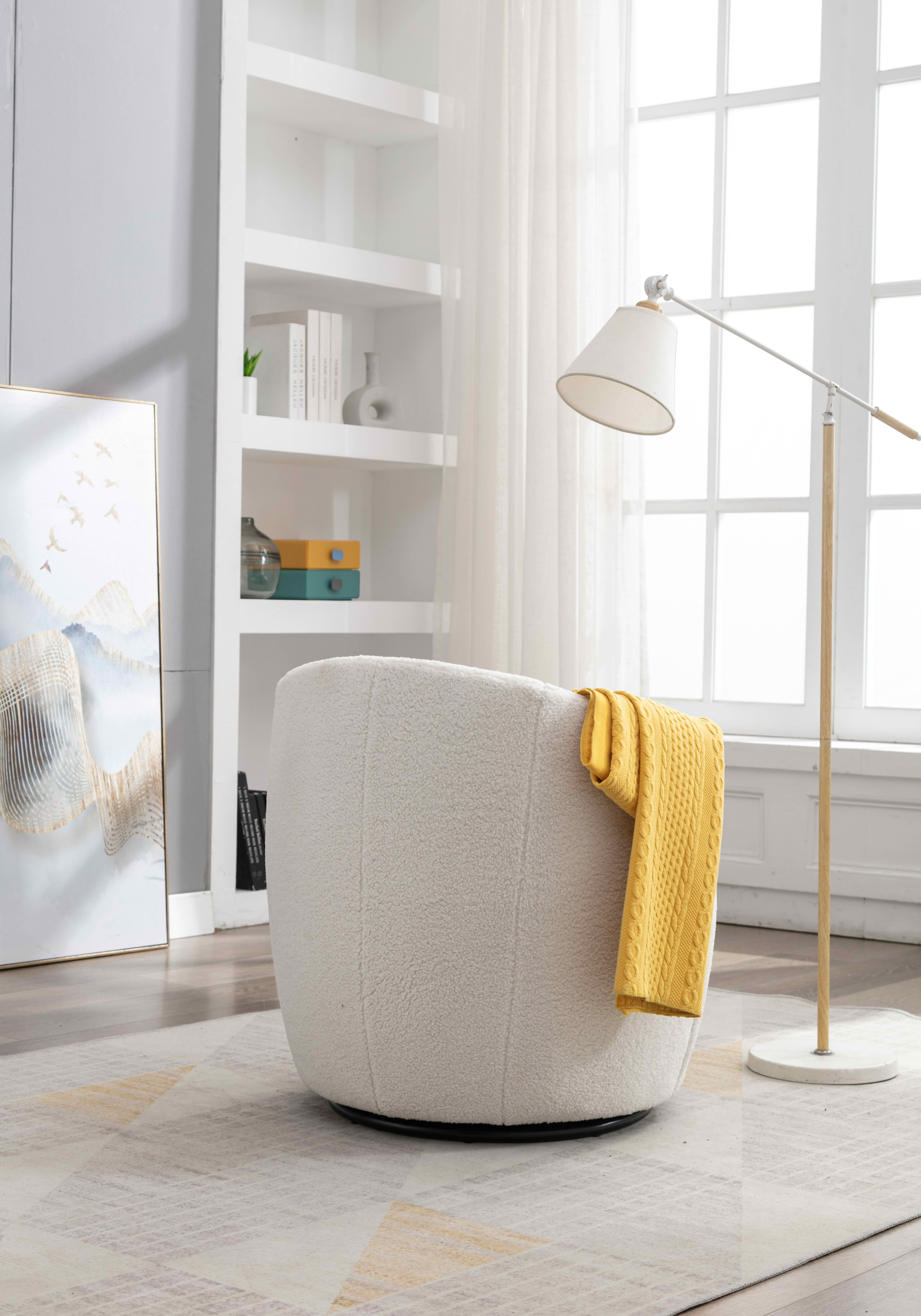 MAYEERTY Teddy Fabric Swivel Accent Armchair Barrel Chair, with Black Powder Coating Metal Ring, Ivory White