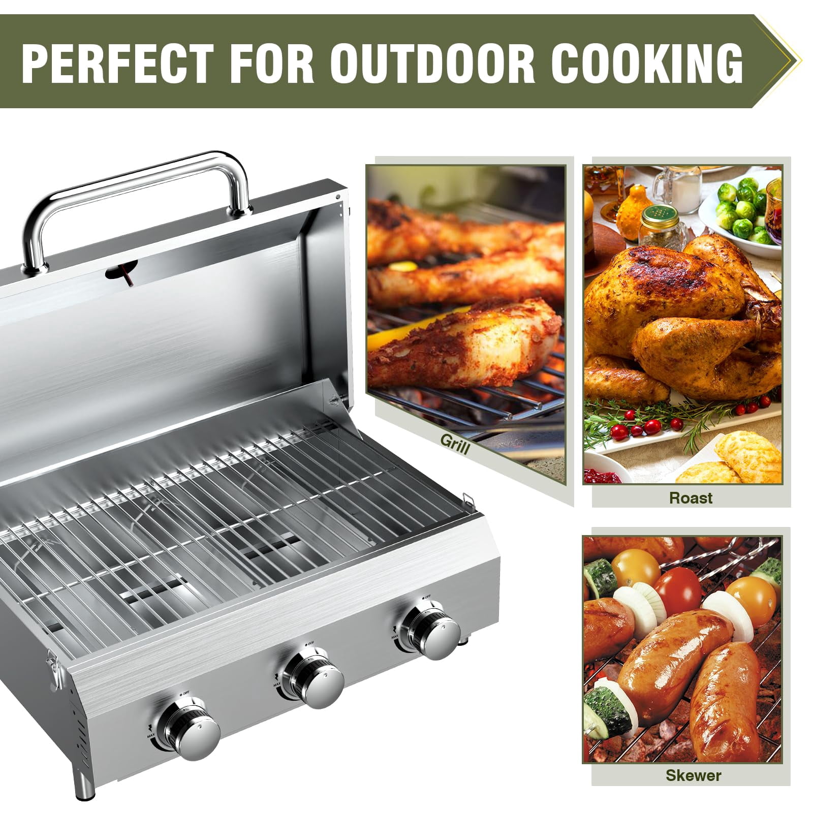 Frizi 3-Burner Tabletop Gas Grill, 30,000 BTU Portable Propane Grill - Heavy-Duty Thickened Grates & Stainless Steel Knobs