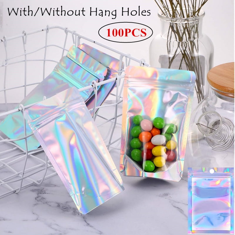 Details about   100pc Holographic Foil Pouches Food Storage  per Bags Smell Proof Bags T9S2 