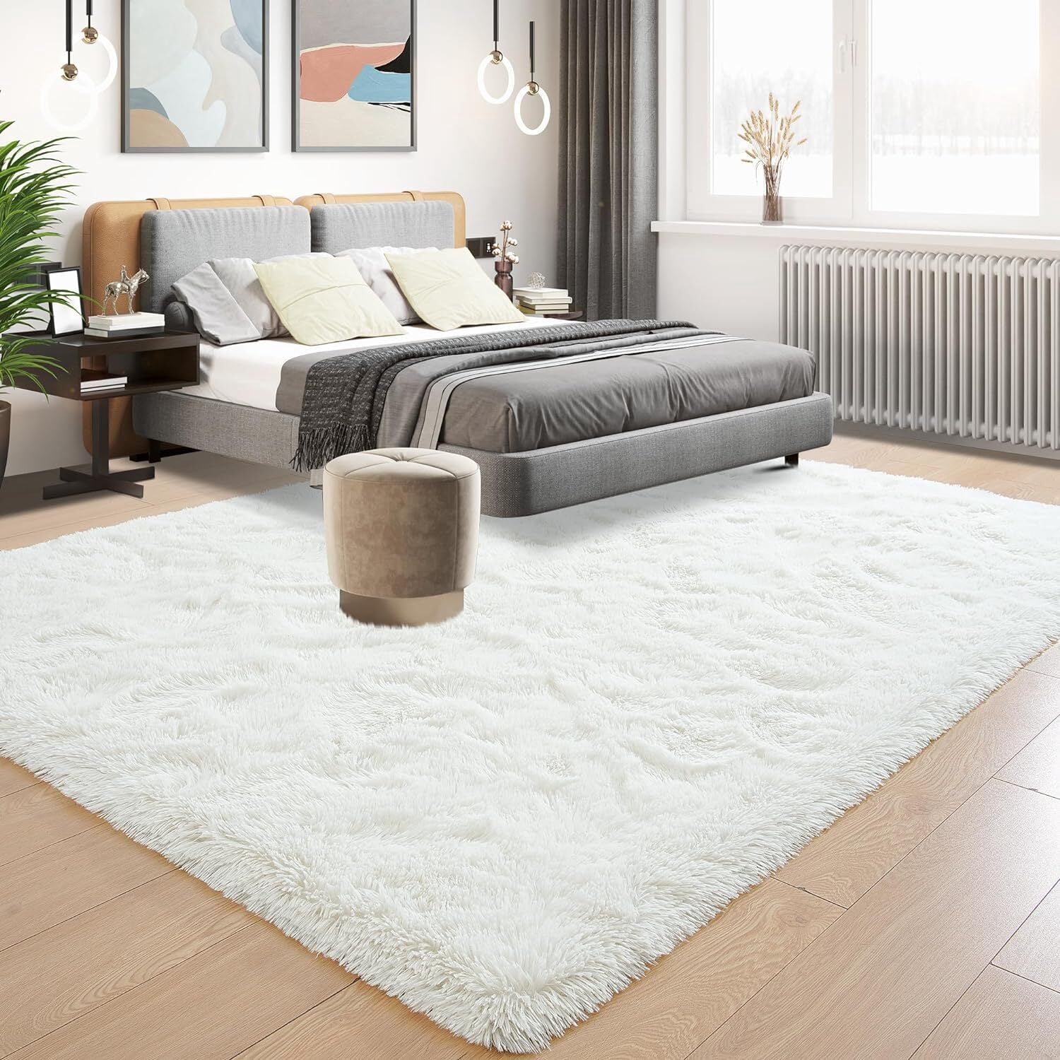 Dwelke Shaggy Area Rug 9x12ft, Ultra Fuzzy Large Plush Carpet for Living Room Bedroom,Cream white